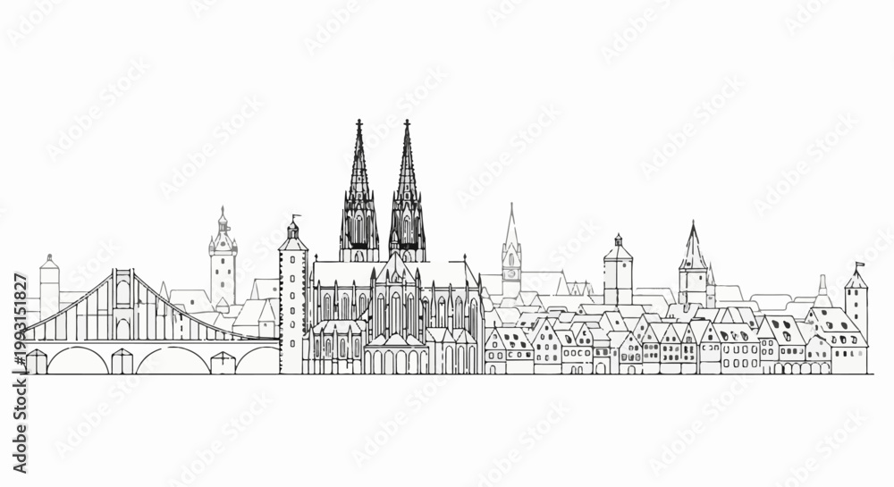 Fototapeta premium Outline sketch of an historic European city skyline with a grand cathedral