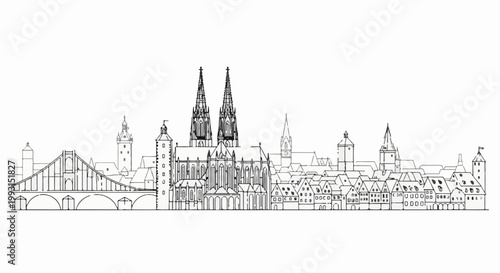 Outline sketch of an historic European city skyline with a grand cathedral