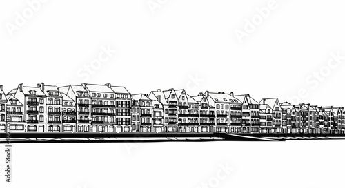 Sketch of traditional buildings lining a waterfront
