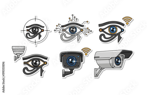 Horus Eye Security Camera Sticker. Flat Vector Illustration of Protective Eye Symbol as Modern Surveillance.