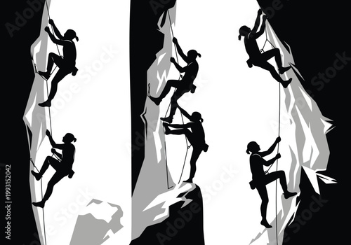 Set of rock climbers silhouette on mountain background