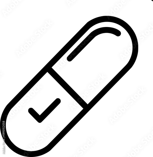 Medication Success: A bold, minimalist outline of a single capsule with a checkmark signifying health, wellness, and remedy.