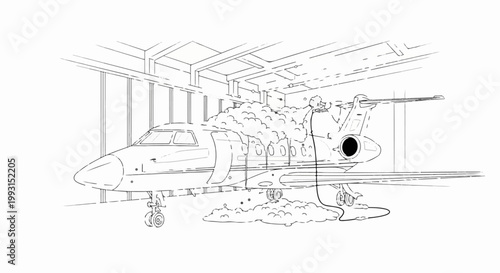 Jet plane undergoing a soapy wash inside a hangar