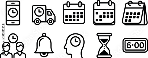 Time Management and Scheduling Icon Set with Calendar, Clock, Deadline, Reminder, Alarm, Delivery Time, and Productivity Planning Symbols