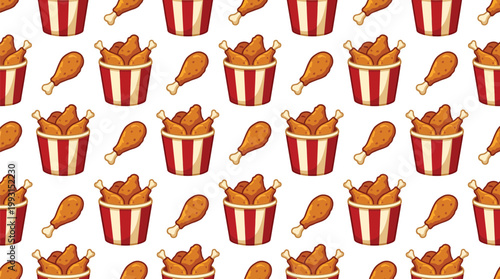 Whimsical seamless pattern featuring buckets of golden fried chicken pieces and individual drumsticks set against a clean white background perfect for food packaging restaurant menus