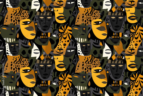 African Mask Pattern: A vibrant pattern showcases an array of stylized African masks, blending tribal artistry with cultural motifs, offering a glimpse into the continent's rich heritage.