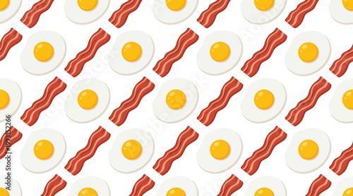 Whimsical breakfast pattern fried eggs and crispy bacon strips repeat seamlessly on a clean white background ideal for food packaging kitchen decor or culinary graphics