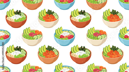 Vibrant seamless pattern featuring colorful healthy poke bowls filled with fresh salmon avocado rice and edamame presented in a cheerful flat illustration style with a clean white