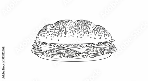 Detailed line drawing of a large, layered sandwich with sesame seeds on the bun