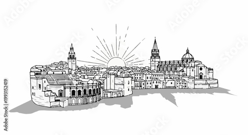 Hand-drawn sketch of an ancient city skyline with a rising sun