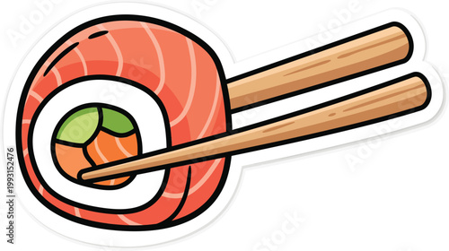 Stylized sushi roll with salmon and avocado held by wooden chopsticks presented as a vibrant sticker illustration with clean lines and a simple white background perfect for food related
