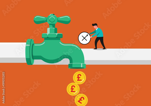 Businessman turning off a tap with a cross symbol to stop the flow of british pound coins, representing financial austerity or budget cuts