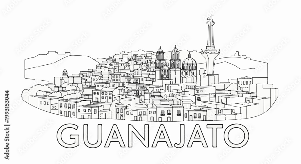 Fototapeta premium Sketch of a densely packed, hilly city skyline with ornate buildings and a prominent monument