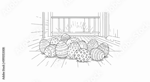 Festive Easter eggs arranged before a fireplace on a wooden floor