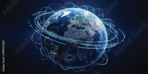 Global connections and technology concept with Earth surrounded by digital networks and orbits
