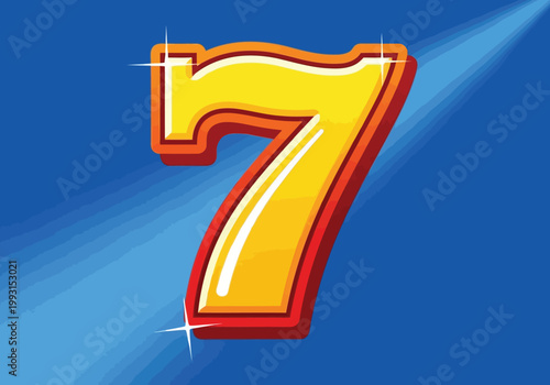 Shiny golden number seven on a blue background with light rays and sparkles