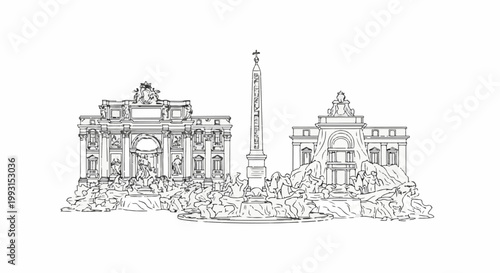 Ornate fountain with statues and obelisk, rendered in a sketchy line art style