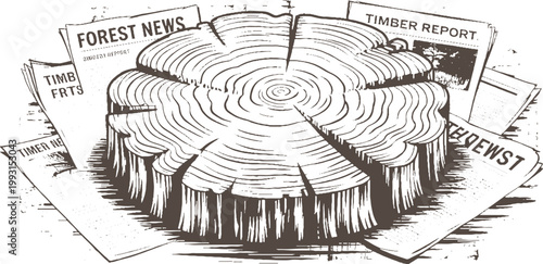 Wood stump with rings surrounded by newspapers showing forest and timber reports tree growth