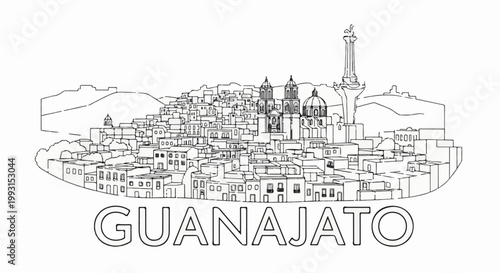 Sketch of a densely packed, hilly city skyline with ornate buildings and a prominent monument