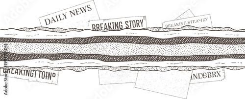 Layered geological strata with torn newspapers announcing breaking news and daily news story