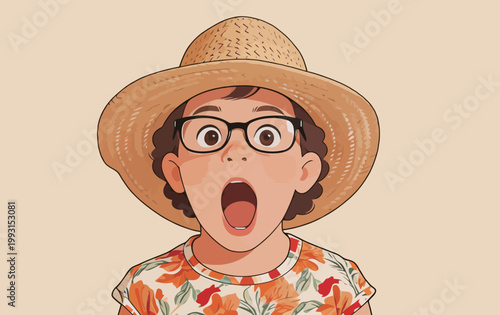 Surprised Boy Wearing Straw Hat and Floral Shirt
