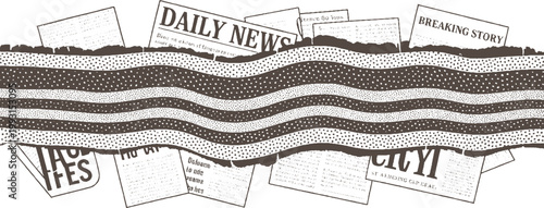 Torn newspapers with headlines Daily News Breaking Story and City emerge from layered textured background