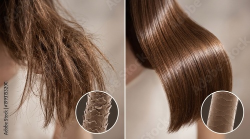 Comparison of damaged and healthy hair with microscopic cuticle view.