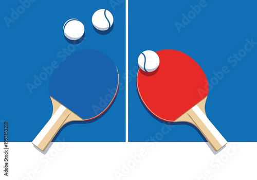 Table tennis rackets with balls on a blue background