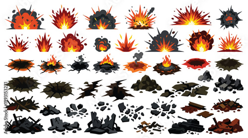 Collection of various explosive fire and explosion effects with smoke and sparks in different shapes and intensities