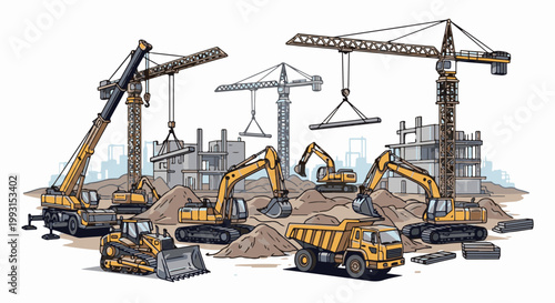Multiple construction vehicles and cranes actively building a structure