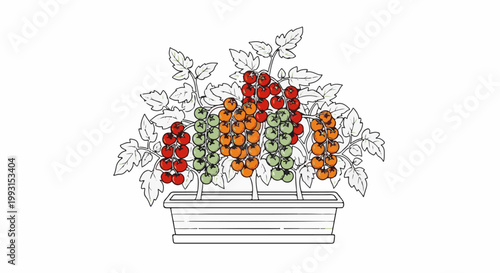 Diverse ripening stages of cherry tomatoes in a planter