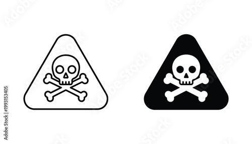 Danger skull and crossbones warning icon set in outline and solid black style for safety and hazard signage