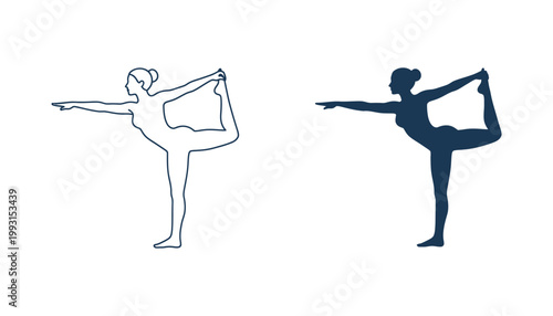 Yoga dancer pose silhouette and outline icon set for health fitness and wellness branding materials