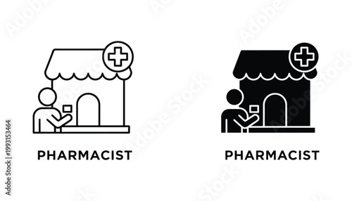 Pharmacist dispensing medicine icon set with pharmacy building and medical cross in black and white vector style for healthcare and pharmaceutical industry branding