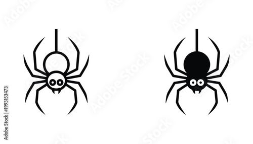 Spider icon set in black and white vector style featuring a spooky hanging arachnid in outline and solid fill versions for Halloween designs or insect studies