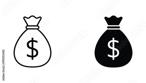 Money bag with dollar sign icon set in black and white vector style with outline and solid variations for finance and banking or business concept visualization
