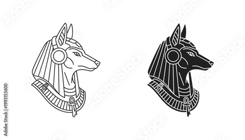 Anubis egyptian deity head with modern headphones and ankh symbol vector graphic in outline and solid styles