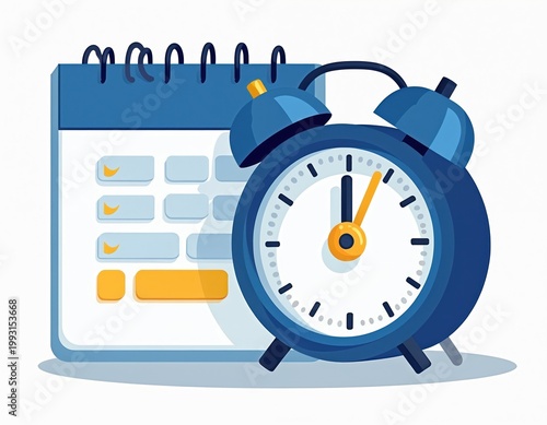 Blue alarm clock next to white and blue calendar with orange accents. Icons suggest tasks completed or pending events. Simple graphic symbolizes time management planning organization.
