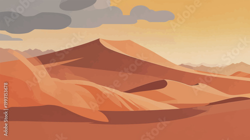 Desert Landscape with Sand Dunes and Dramatic Sky