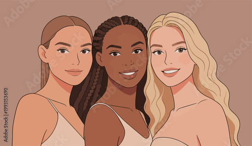 Three Diverse Women with Long Hair in Illustration