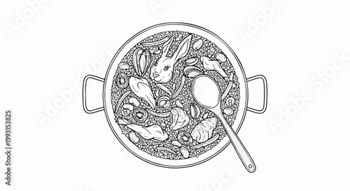 Line art drawing of a paella with rabbit, chicken, and vegetables