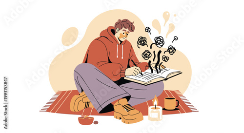 Young man sitting, writing, creative inspiration, ideas flowing, vector illustration