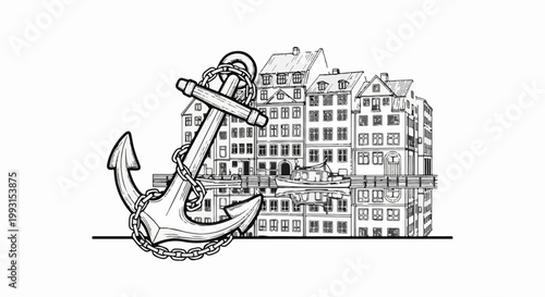 Sketch of an anchor in front of waterfront buildings and boats