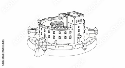 Detailed line drawing of a circular fortress with ramparts and turrets