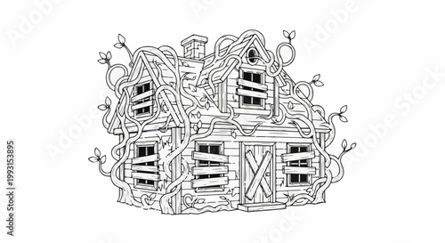 Overgrown abandoned shack, vines consuming boarded-up windows and doors