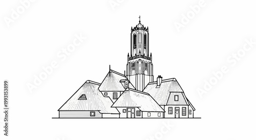 Ornate gothic tower stands tall over thatched roof buildings