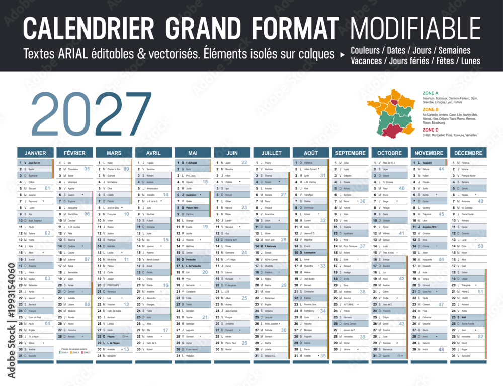 Fototapeta premium Calendrier Français 2027 modifiable, grand format France, éléments isolés sur calques, textes en Arial, éditables et vectorisés.