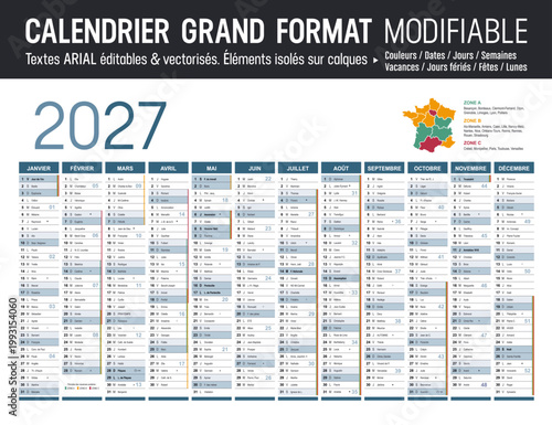 Calendrier Français 2027 modifiable, grand format France, éléments isolés sur calques, textes en Arial, éditables et vectorisés.