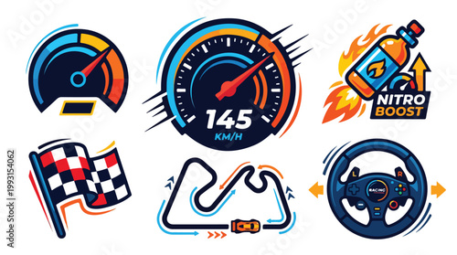 Set of colorful automotive speedometer and tachometer gauges with racing and performance icons