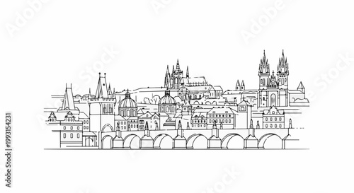 Stylized black and white sketch of a European cityscape with a bridge